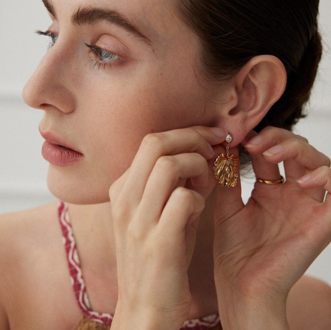18K Gold on Silver Monstera Leaf Drop Earrings - model shot