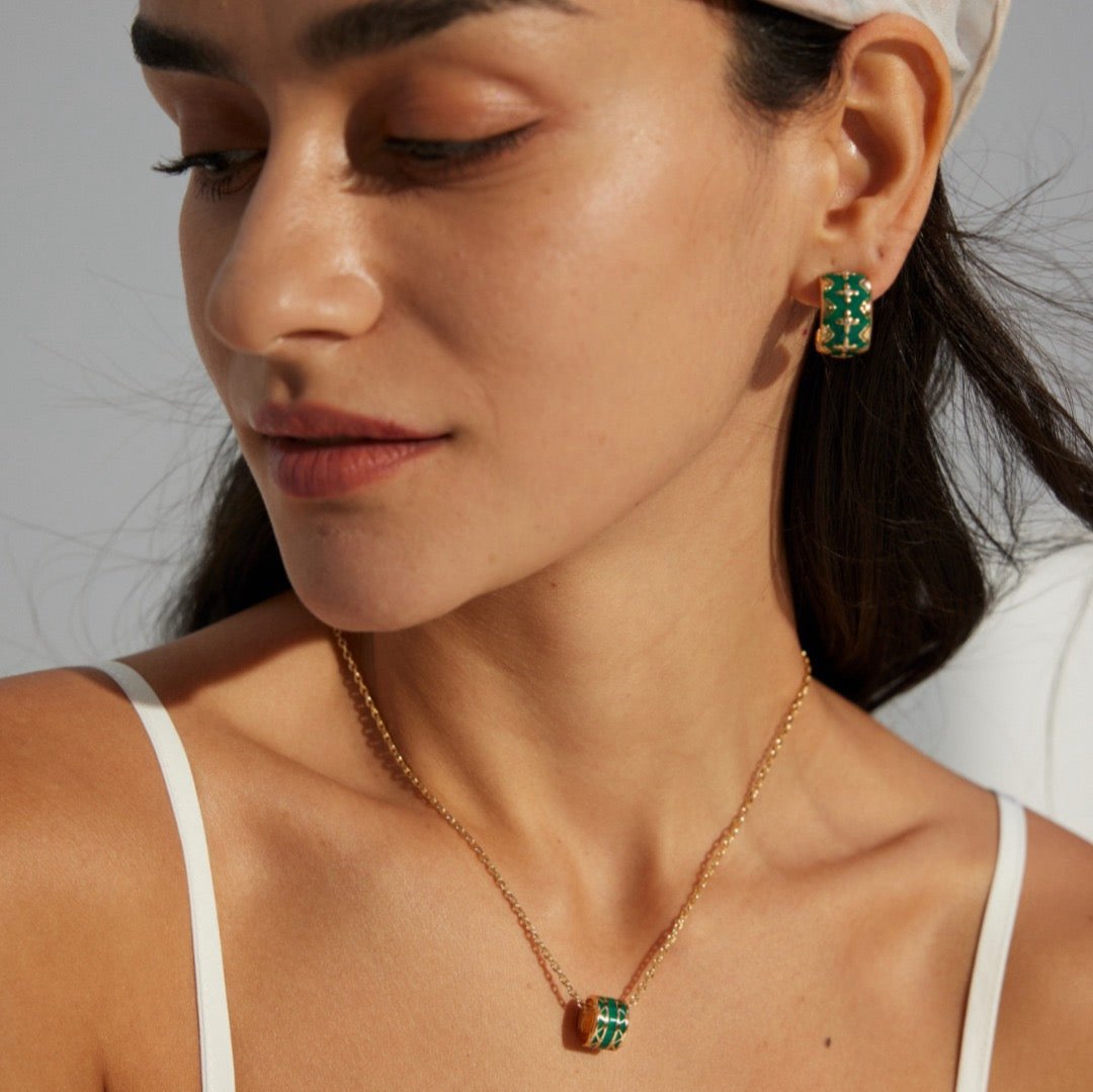 Christmas Green Glaze C Huggie Vermeil Earrings - model shot pair with necklace