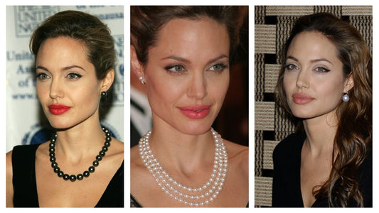 Three-image collage of Angelina Jolie wearing different pearl jewelry styles.