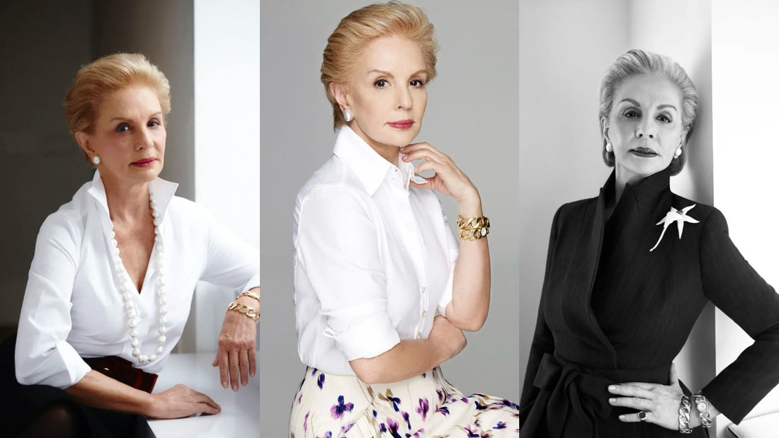 Three-panel portrait of Carolina Herrera showcasing her signature Baroque pearl jewelry styles