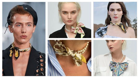 Fashion collage with models wearing various combinations of silk scarves and pearl necklaces