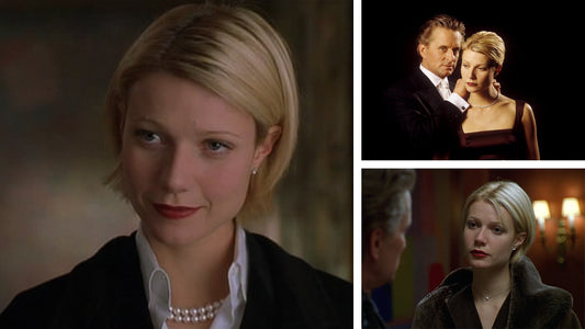 Three scenes from A Perfect Murder showing Gwyneth Paltrow's jewelry evolution: professional look with pearl necklace, evening glamour with diamonds, and casual elegance with a single pearl pendant