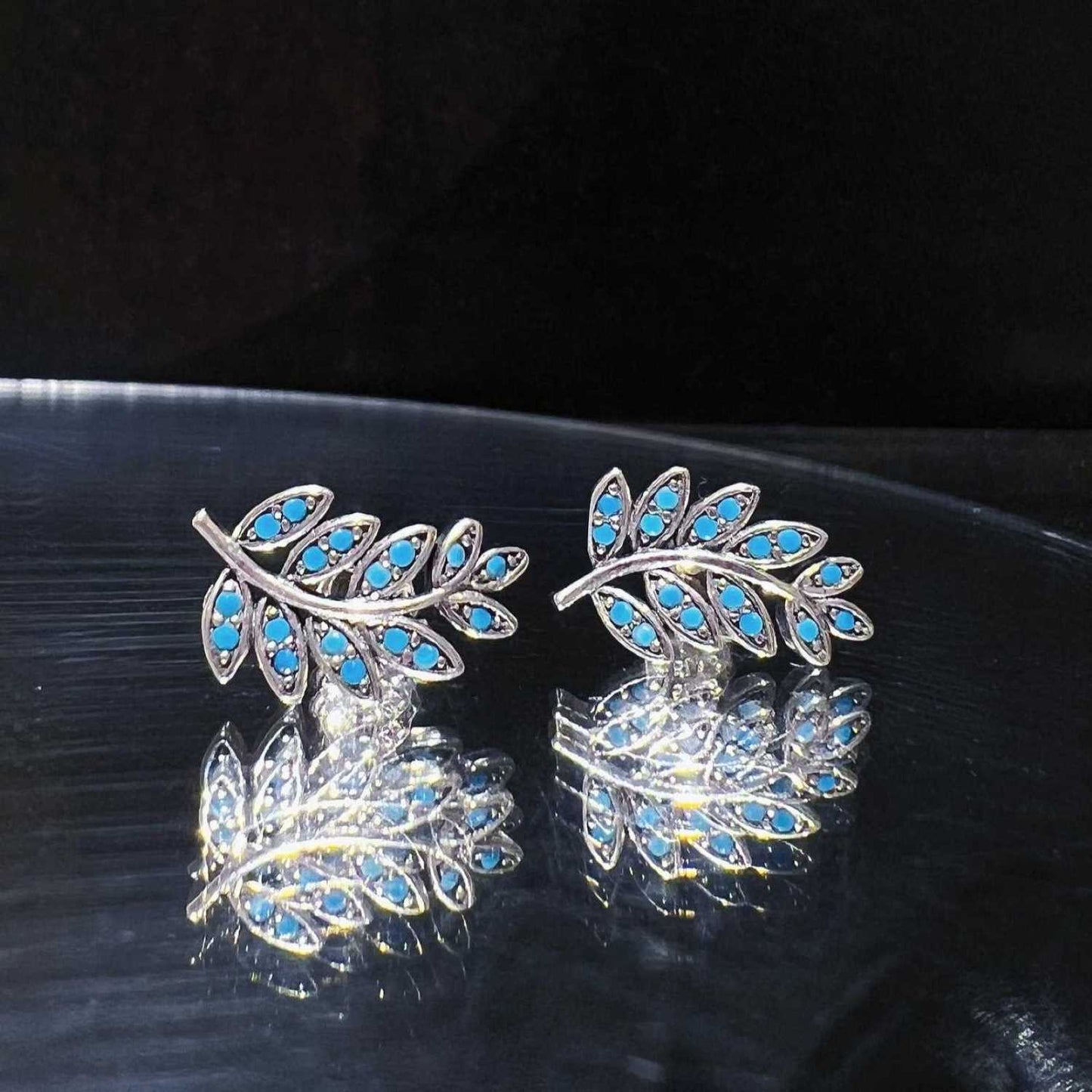 Sterling Silver Plant Leaf Turquoise Earrings - alternate shot 2