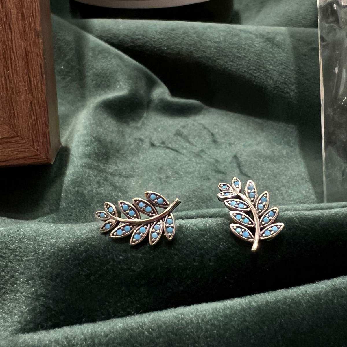 Sterling Silver Plant Leaf Turquoise Earrings - alternate shot 3