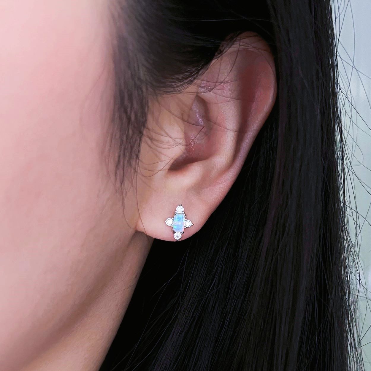 Sterling Silver Opal Four-pointed Star Earrings - model shot