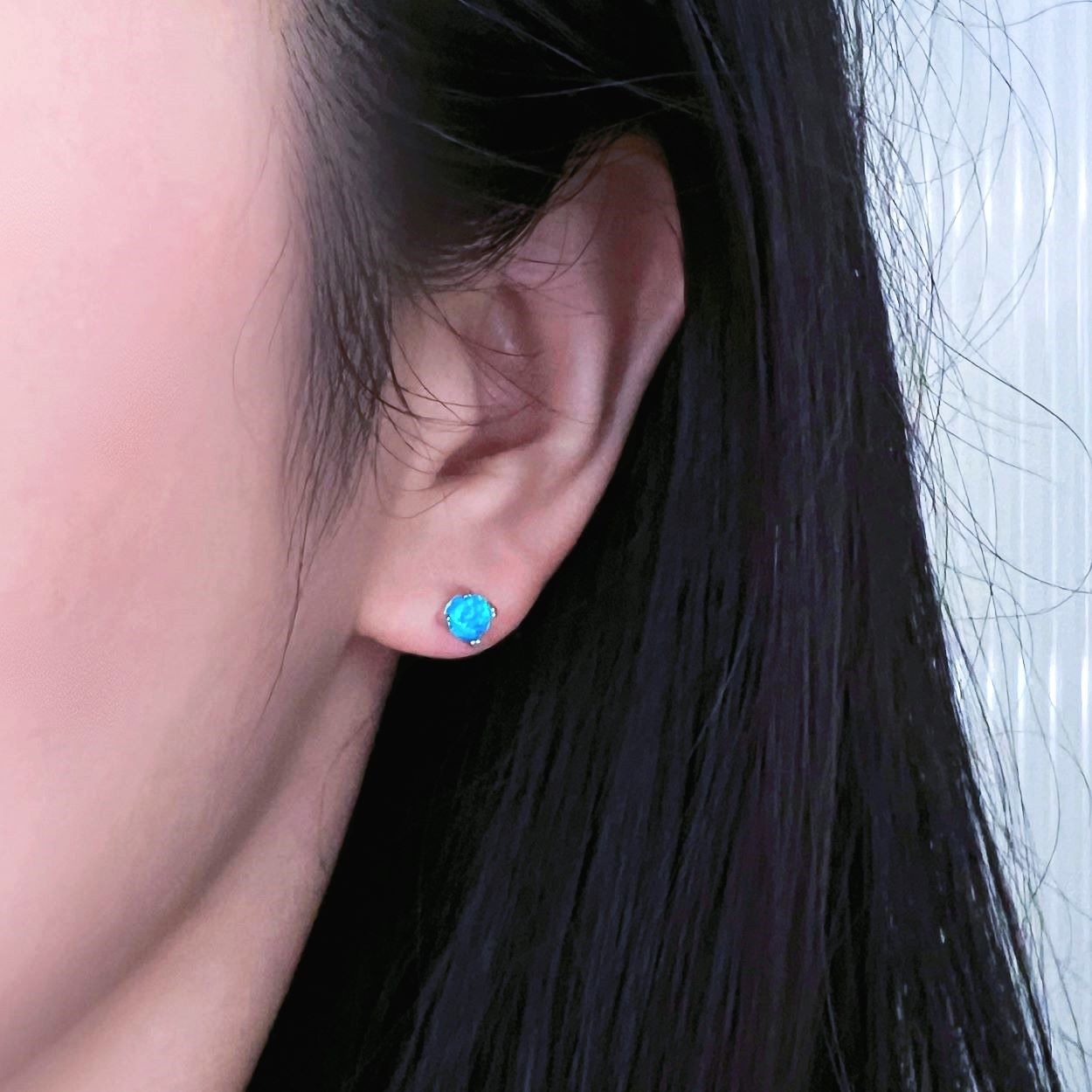 Simple Bright Opal Sterling Silver Earrings - model shot