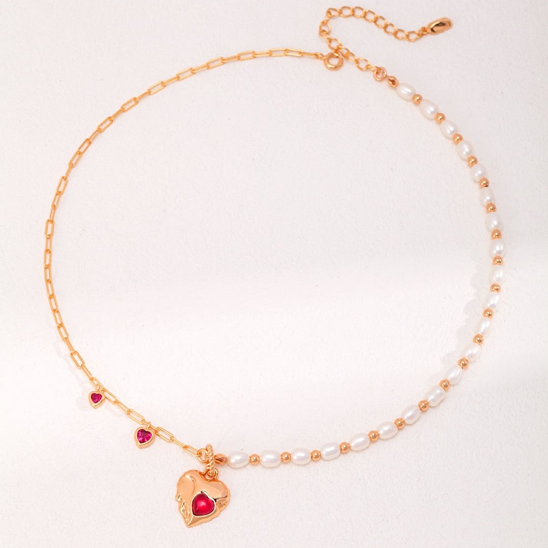 Christmas Pearl Ruby Heart Vermeil Pendant Necklace