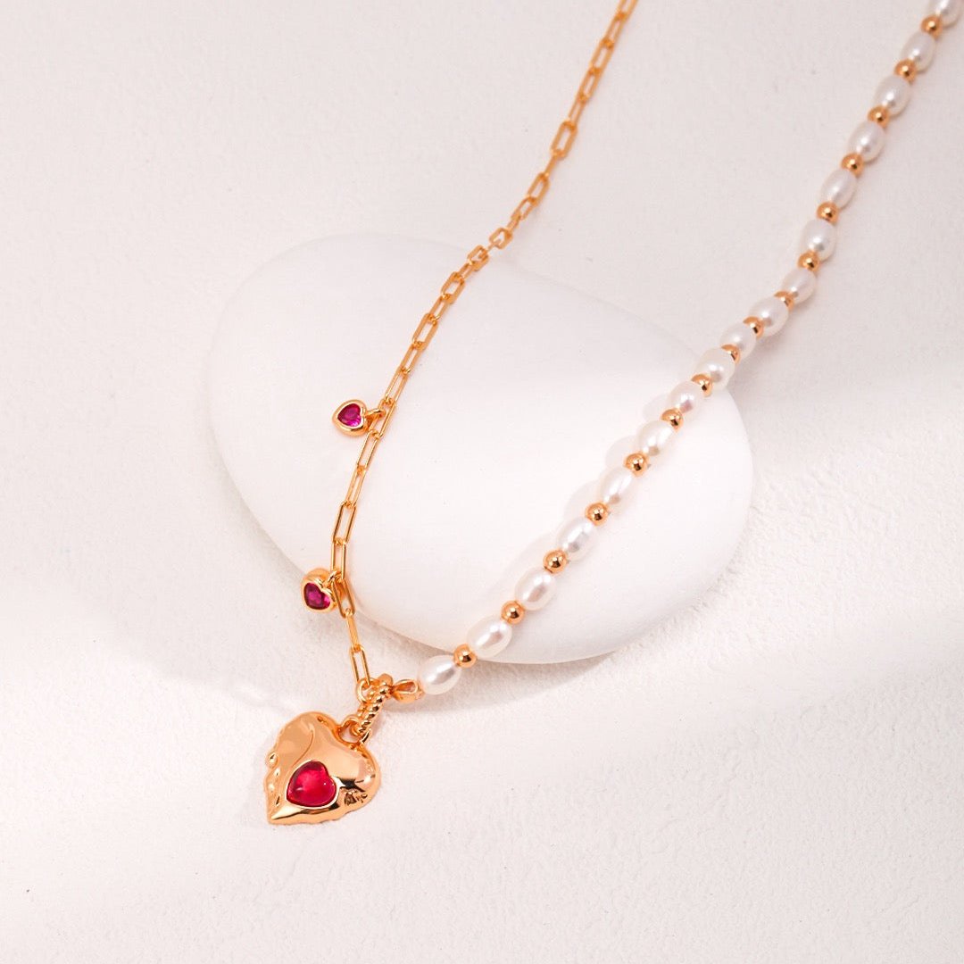 Christmas Pearl Ruby Heart Vermeil Pendant Necklace - close up