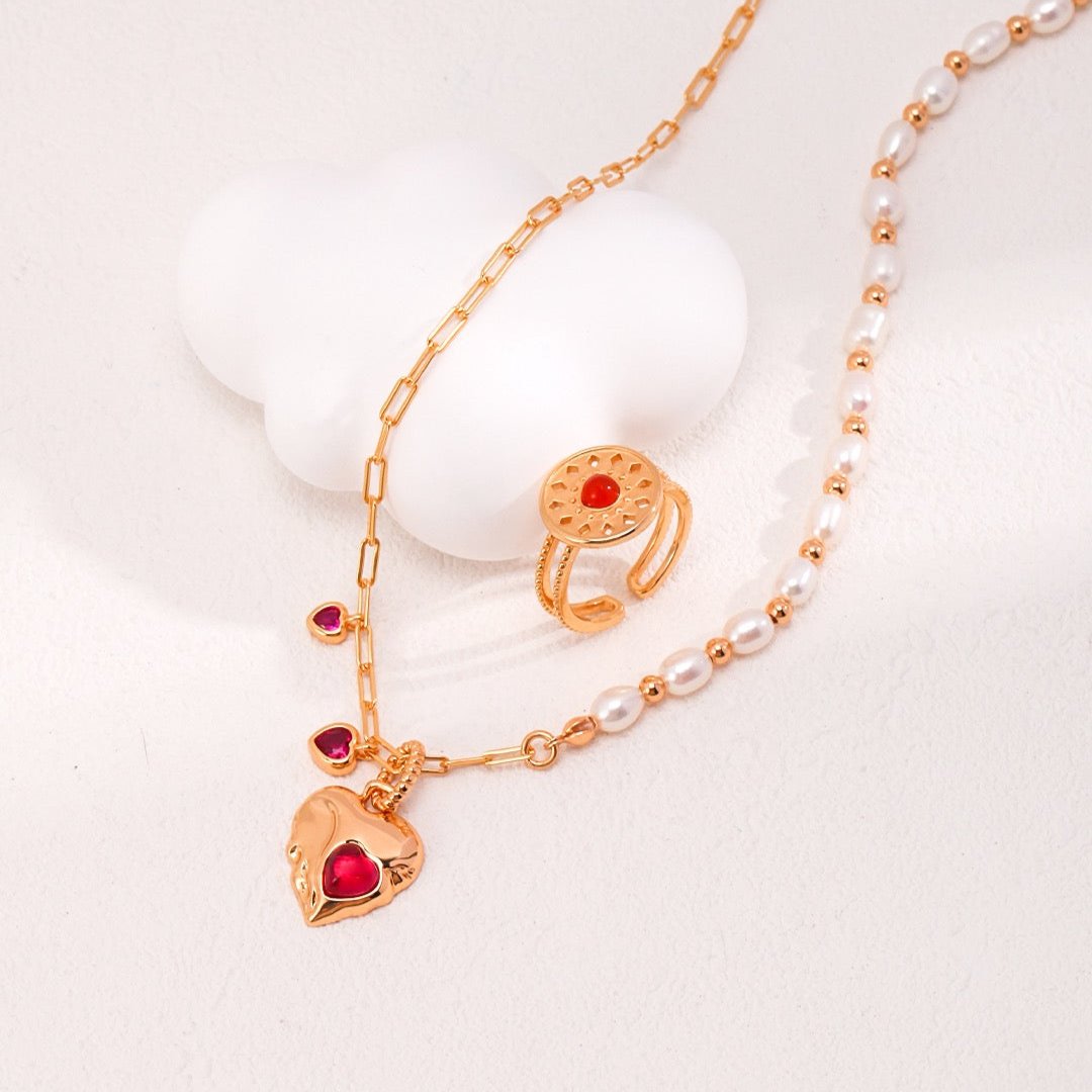 Christmas Pearl Ruby Heart Vermeil Pendant Necklace - with ring