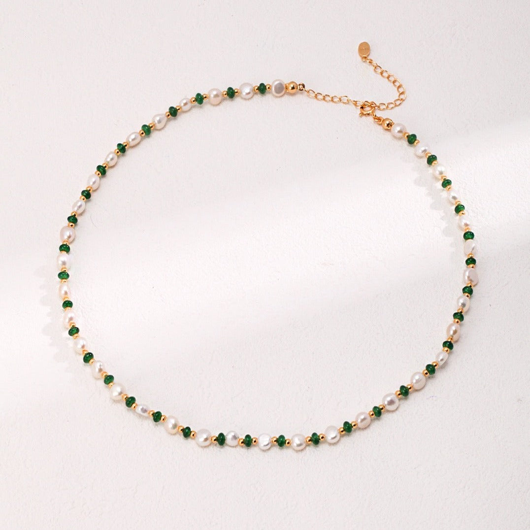 Freshwater Pearl Emerald Gold on Silver Beaded Necklace