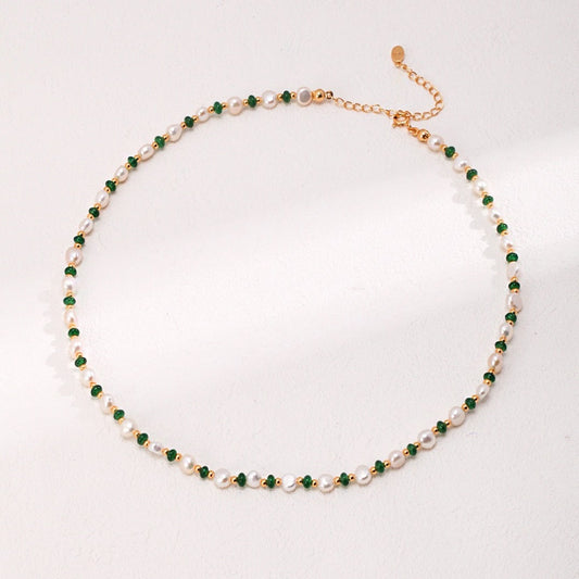 Freshwater Pearl Emerald Gold on Silver Beaded Necklace