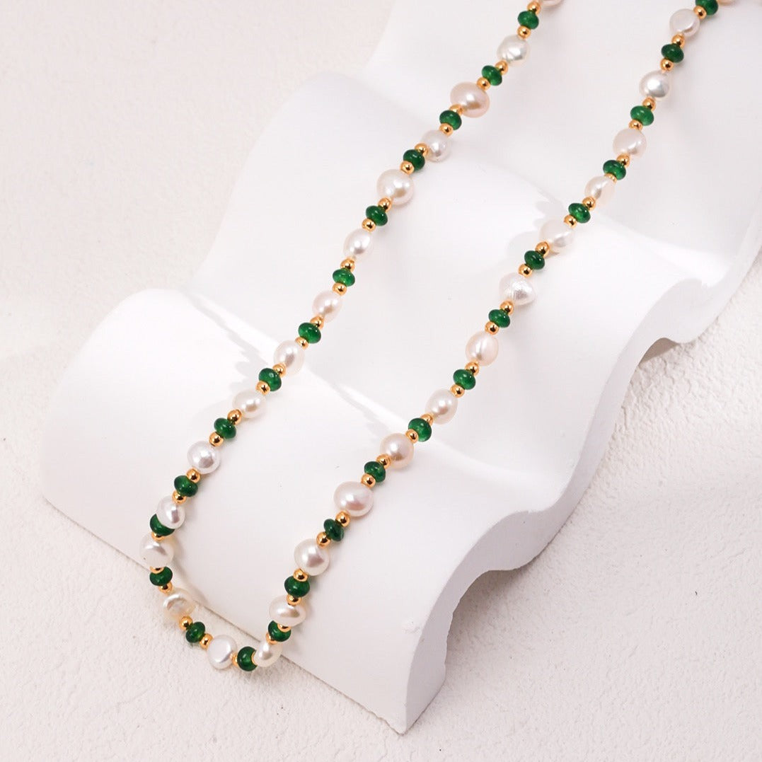 Freshwater Pearl Emerald Gold on Silver Beaded Necklace