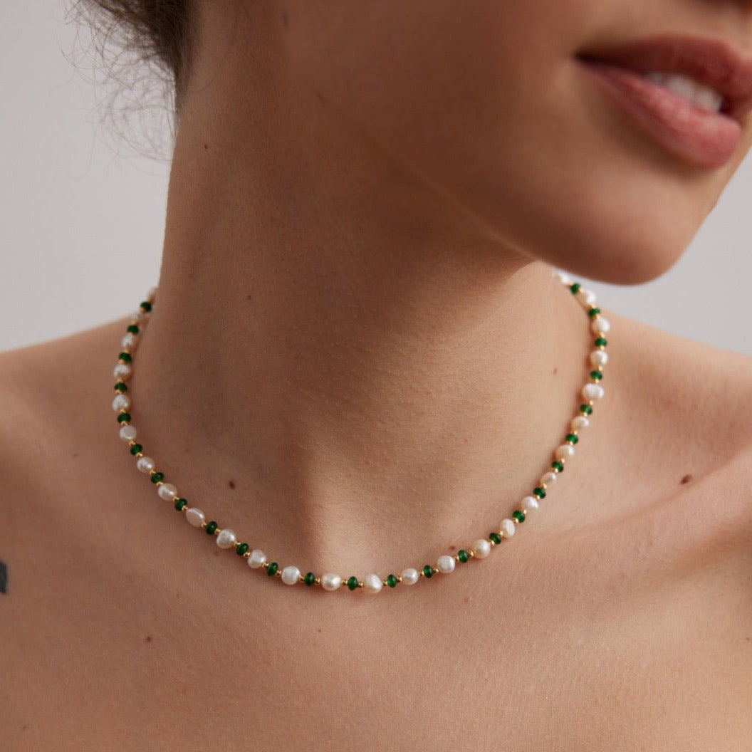 Freshwater Pearl Emerald Gold on Silver Beaded Necklace - model shot close