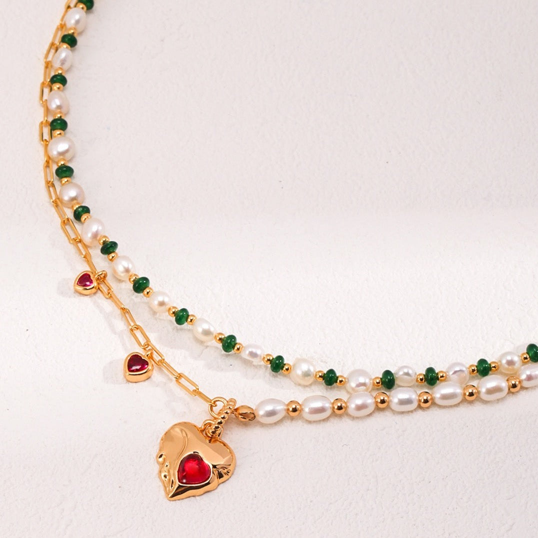 Freshwater Pearl Emerald Gold on Silver Beaded Necklace- stacked with another necklace