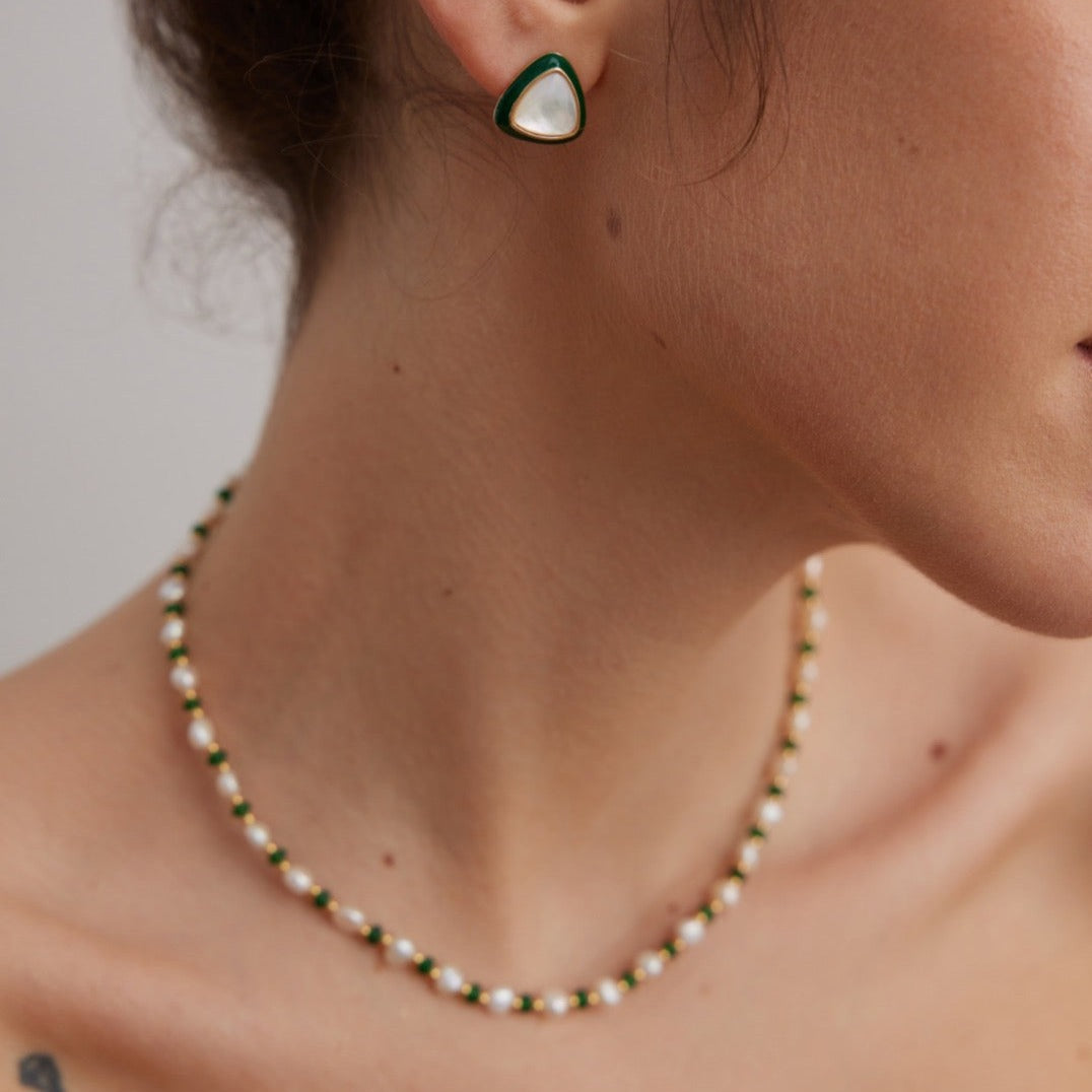 Freshwater Pearl Emerald Gold on Silver Beaded Necklace - model shot close