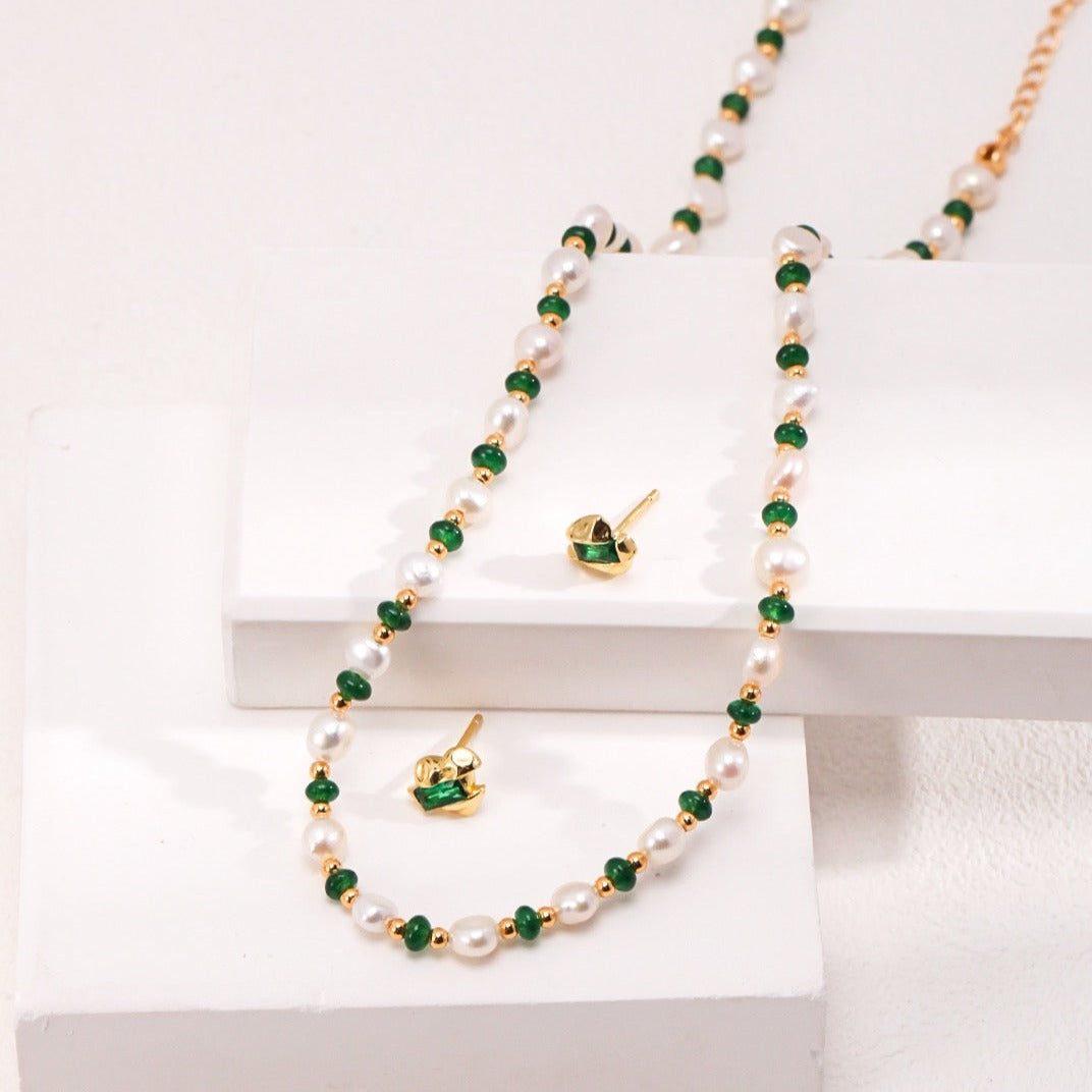 Freshwater Pearl Emerald Gold on Silver Beaded Necklace with earrings