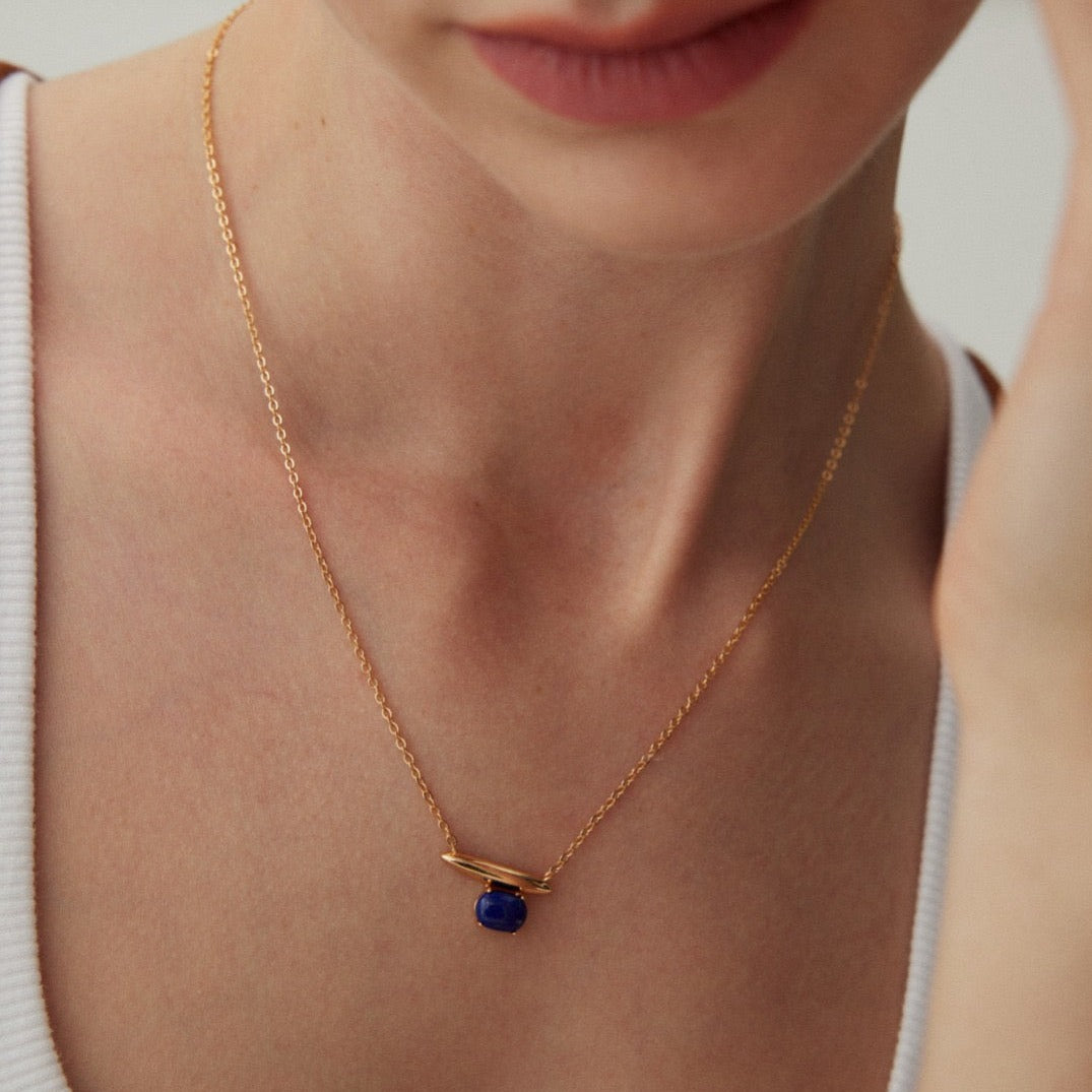 Minimalist Lapis Lazuli 18K Gold Plated Necklace - model shot close