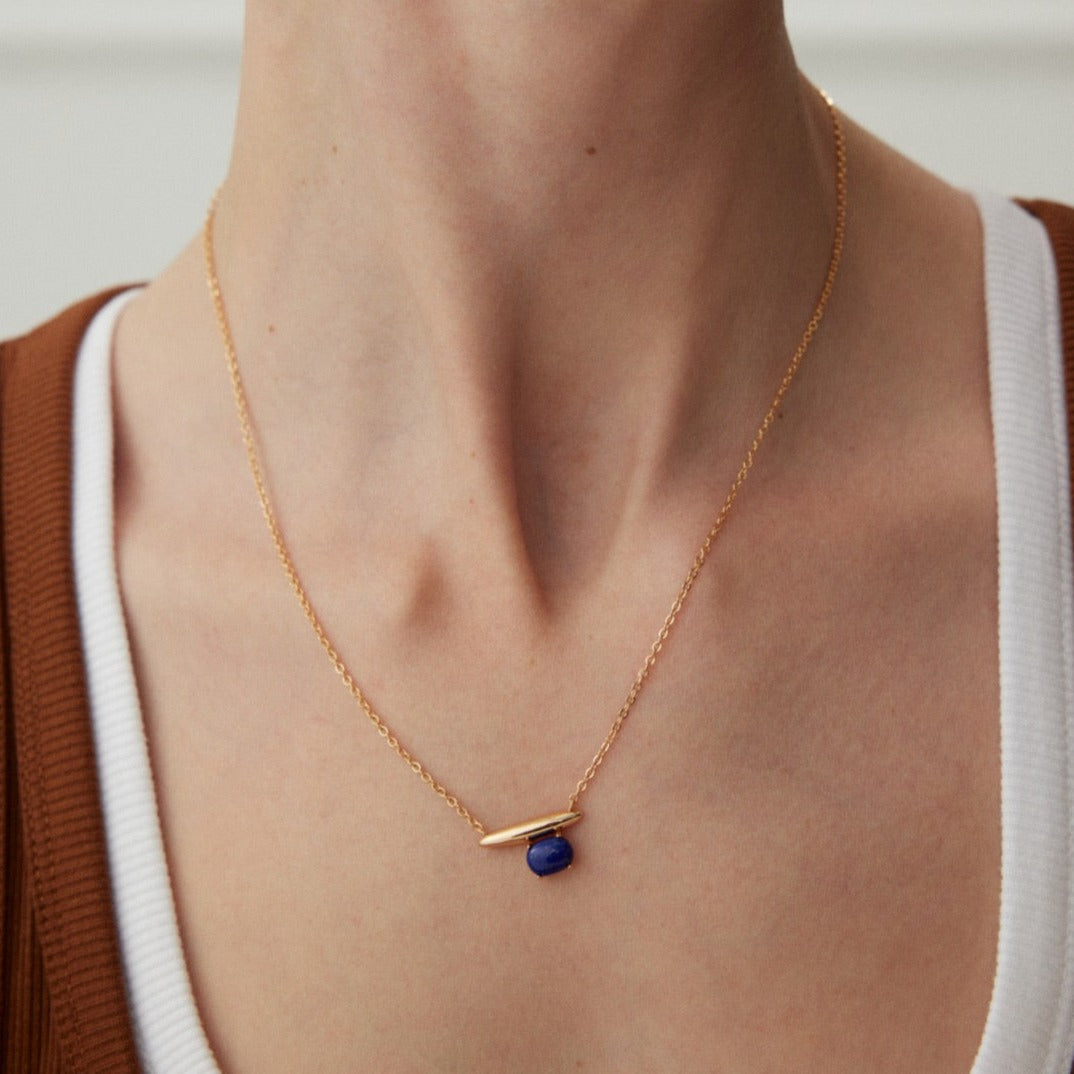 Minimalist Lapis Lazuli 18K Gold Plated Necklace - model shot close