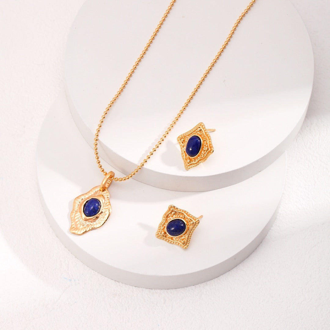 Vermeil Hand-Carved Irregular Round Lapis Lazuli Necklace - set, white background