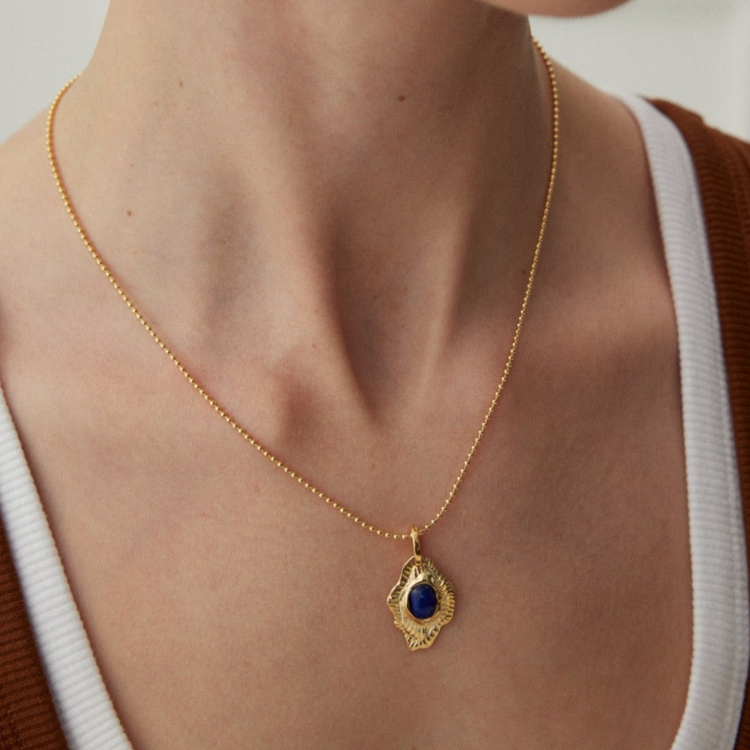 Vermeil Hand-Carved Irregular Round Lapis Lazuli Necklace - model shot close