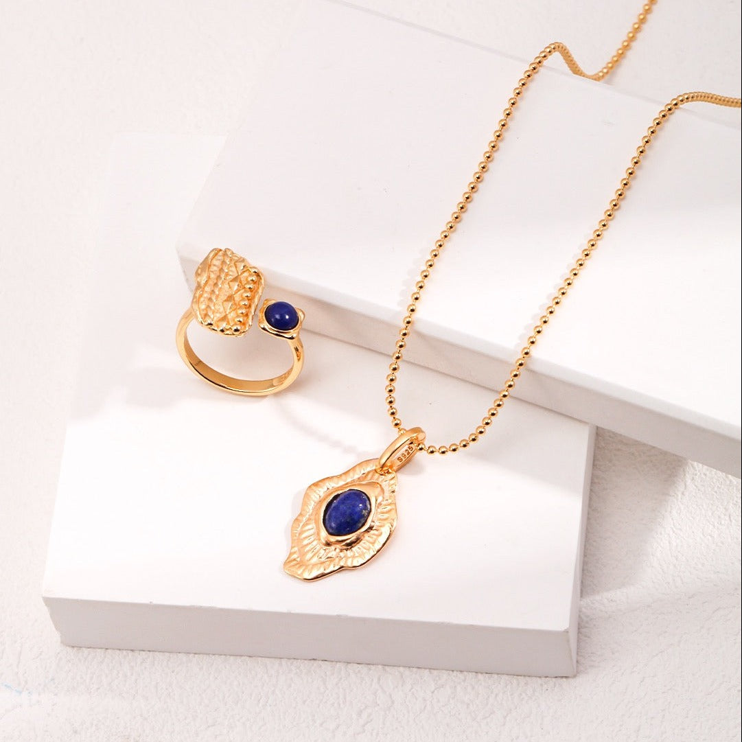 Vermeil Hand-Carved Irregular Round Lapis Lazuli Necklace - pair with ring, white background