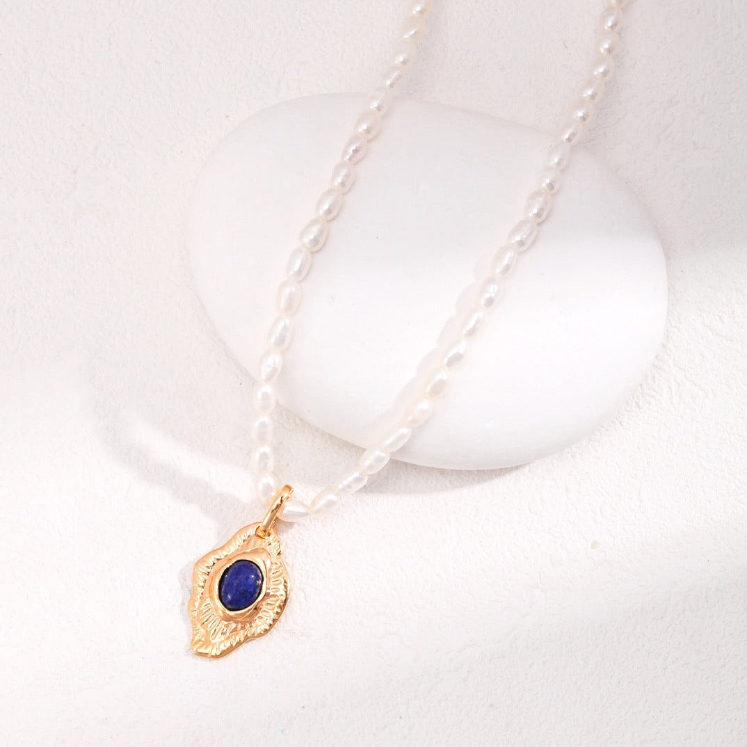 Vermeil Hand-Carved Irregular Round Lapis Lazuli Necklace - pair with pearl chain