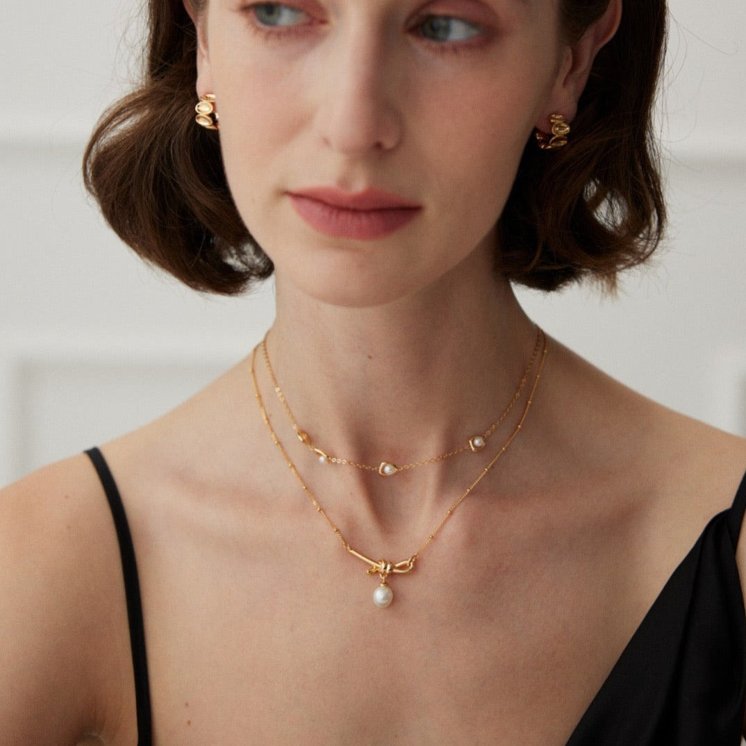 Vermeil Knot Freshwater Pearl Necklace - model shot stacked necklaces