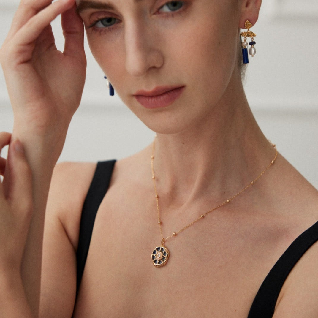 Natural Lapis Lazuli Vermeil Compass Necklace - model shot 2