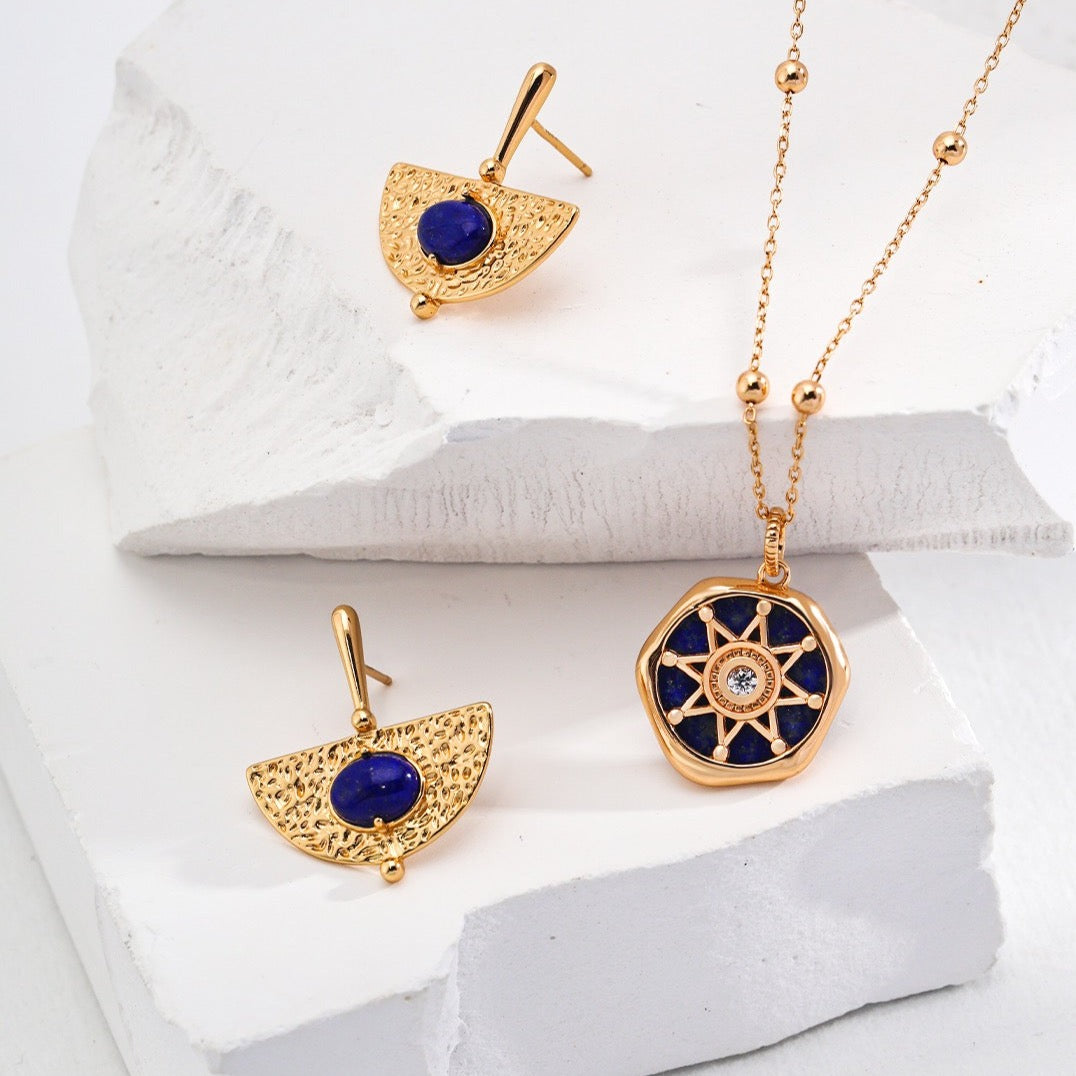 Natural Lapis Lazuli Vermeil Compass Necklace - pair with earrings