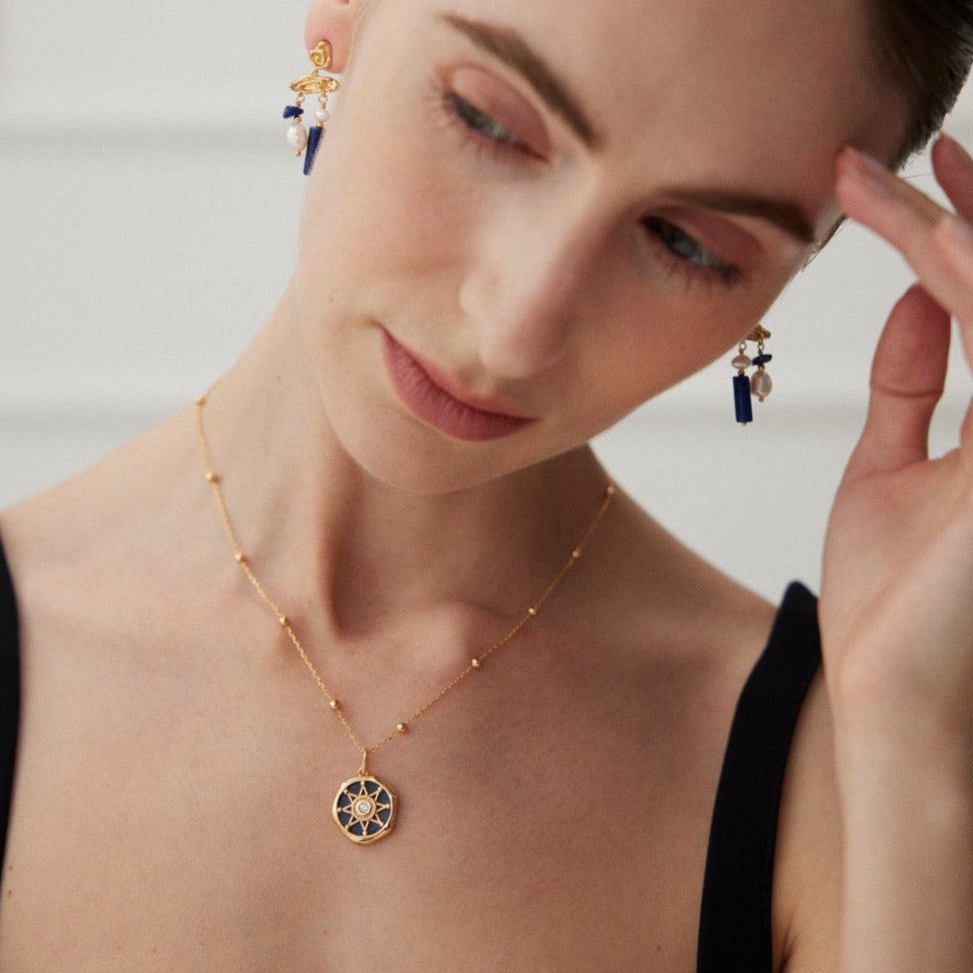 Natural Lapis Lazuli Vermeil Compass Necklace - model shot 3