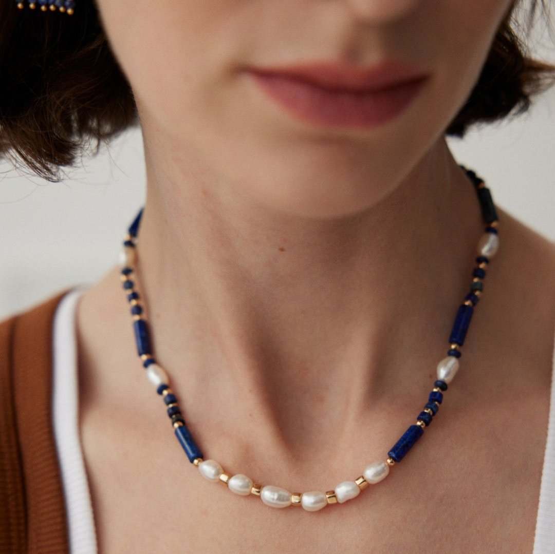 Asymmetrical Lapis Lazuli Pearl Vermeil Necklace - model shot close