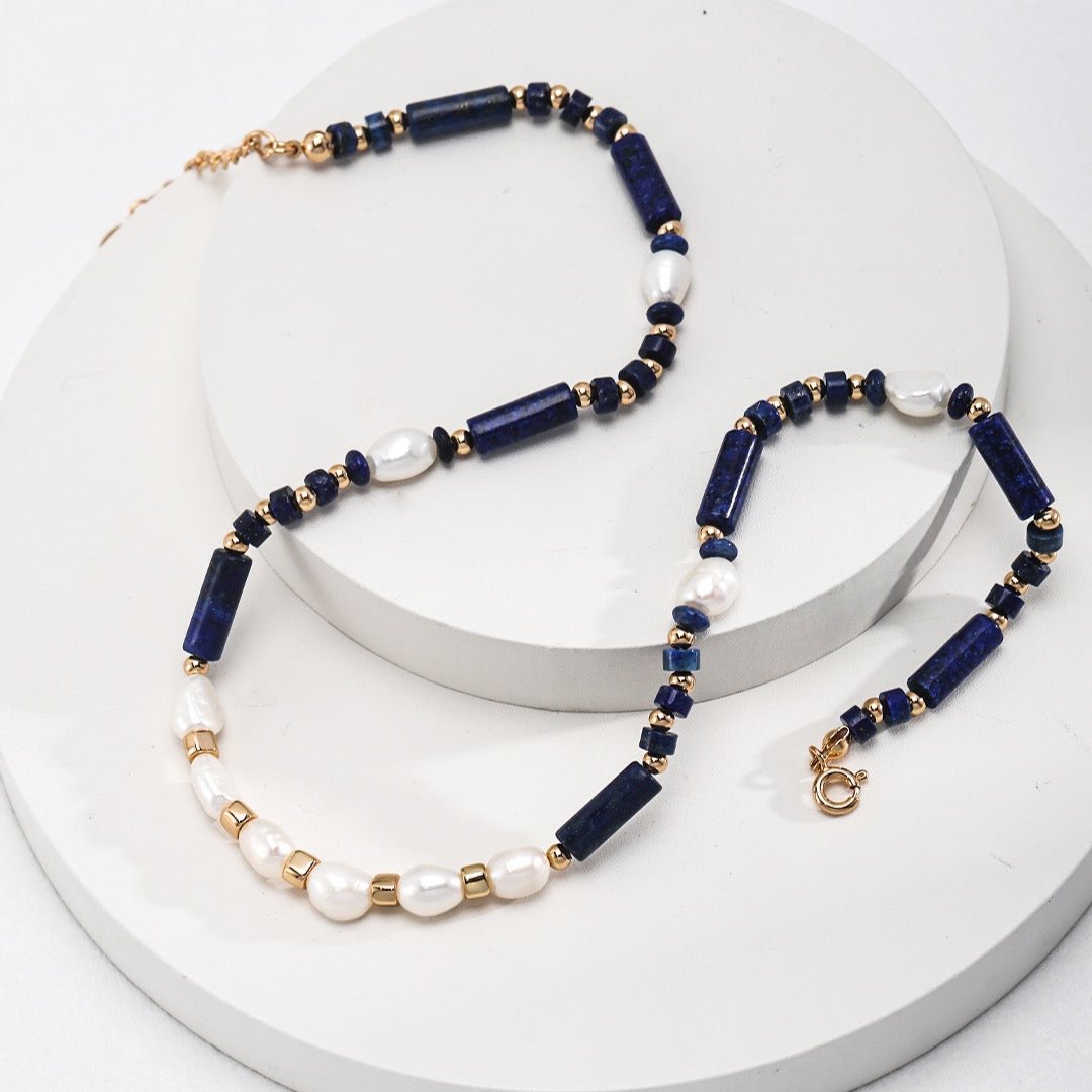 Asymmetrical Lapis Lazuli Pearl Vermeil Necklace - alternate shot