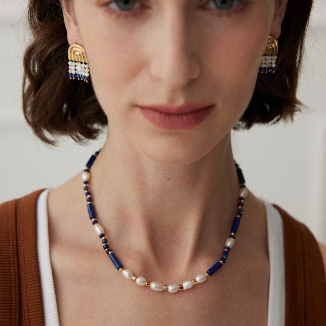 Asymmetrical Lapis Lazuli Pearl Vermeil Necklace - model shot with earrings