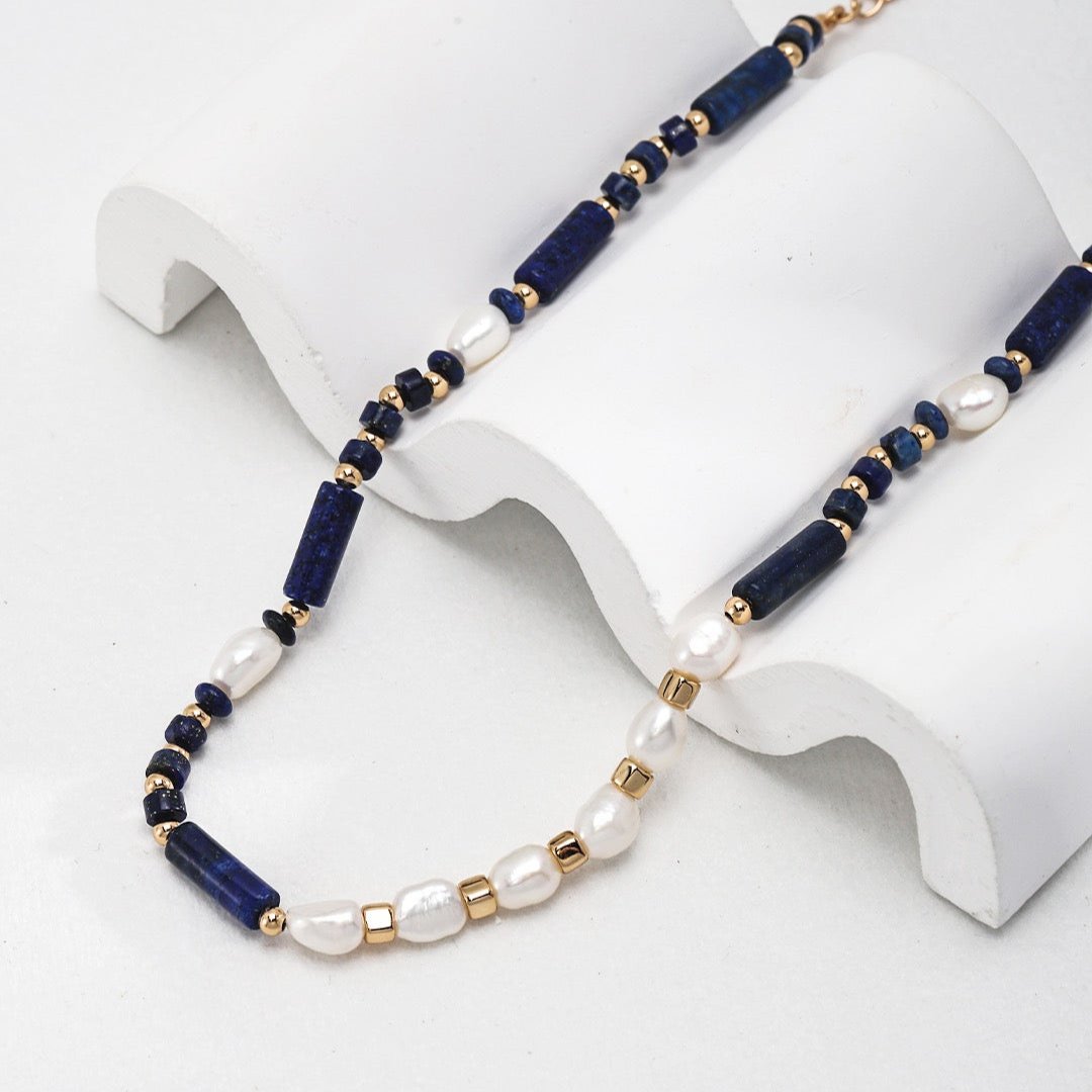 Asymmetrical Lapis Lazuli Pearl Vermeil Necklace - alternate shot 2