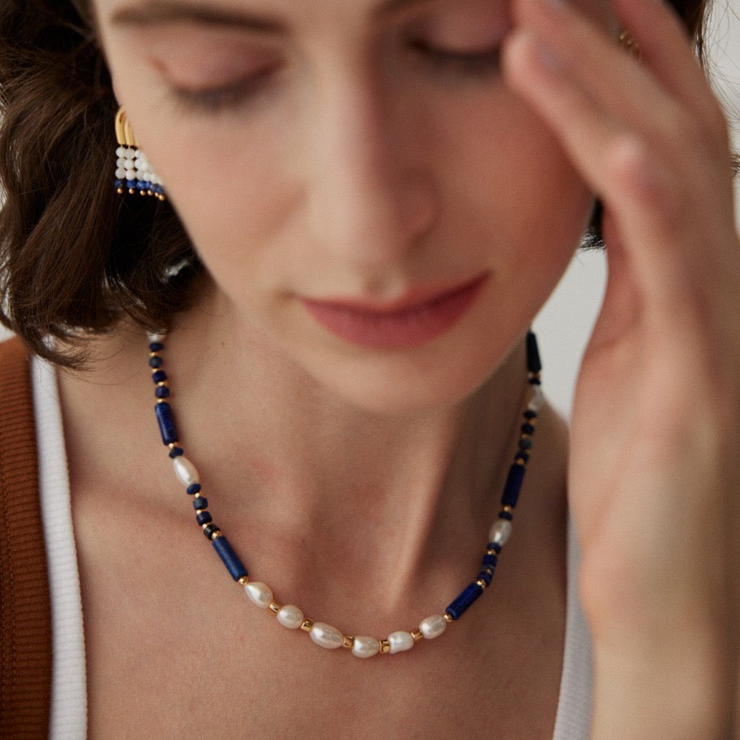 Asymmetrical Lapis Lazuli Pearl Vermeil Necklace - model shot