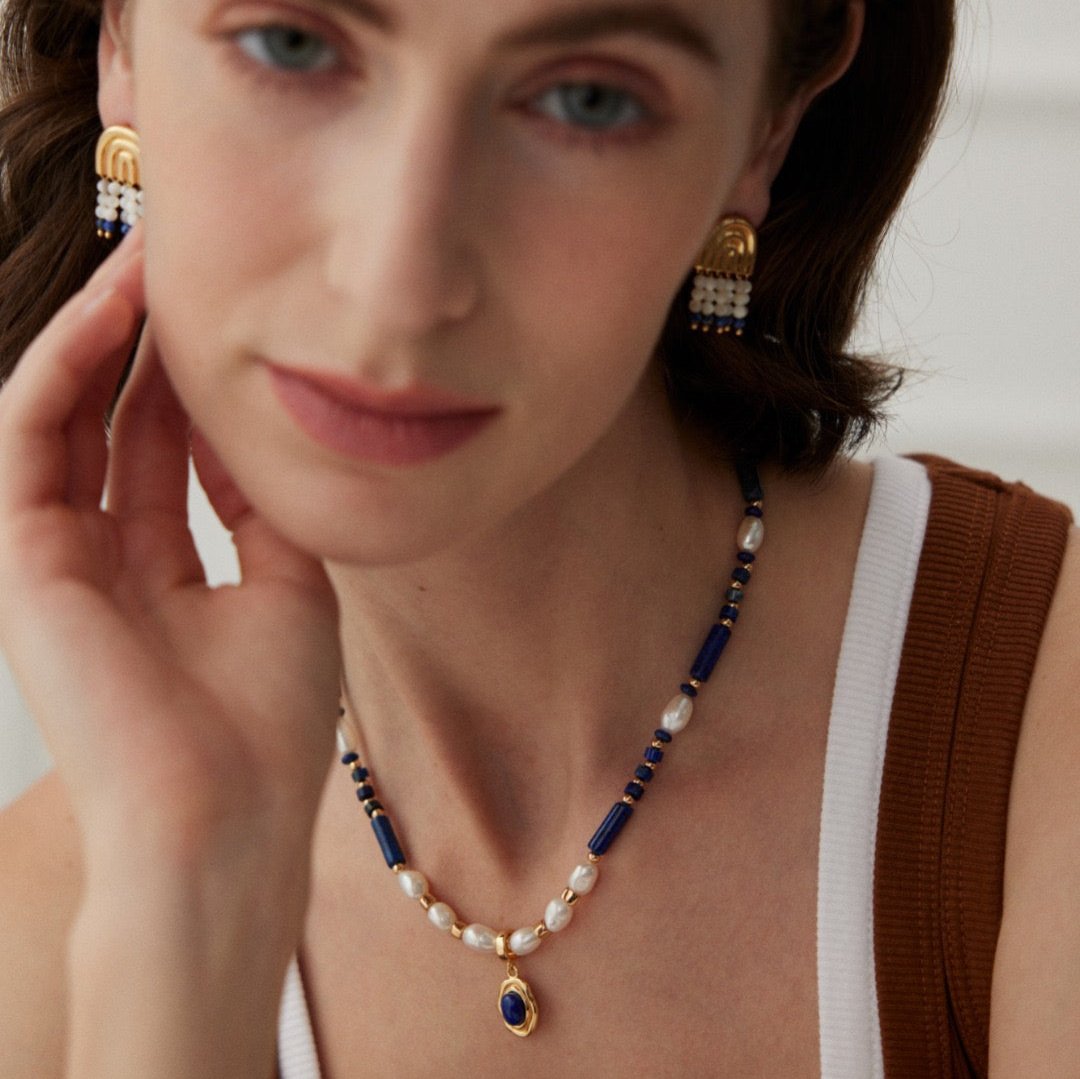 Asymmetrical Lapis Lazuli Pearl Vermeil Necklace - model shot pair with another pendant and earrings