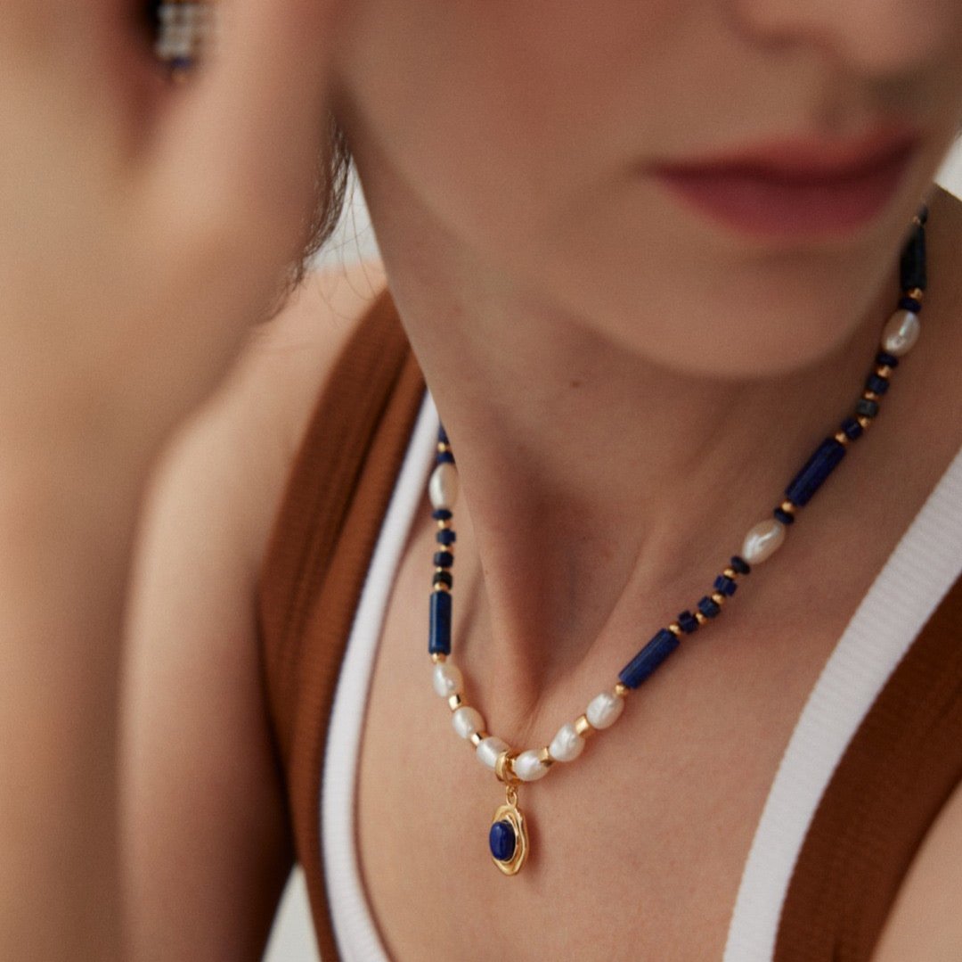 Asymmetrical Lapis Lazuli Pearl Vermeil Necklace - model shot with added pendant