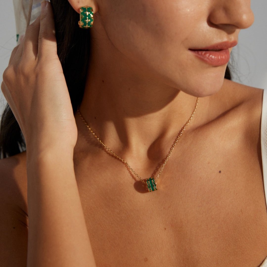 Christmas Green Glaze Vermeil Barrel Pendant Necklace - model shot with earrings