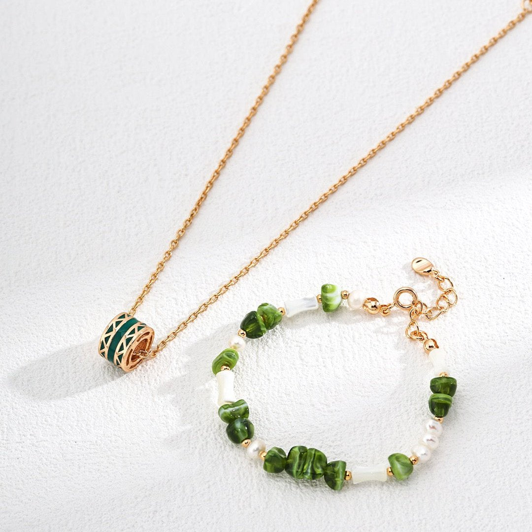 Christmas Green Glaze Vermeil Barrel Pendant Necklace - with bracelet