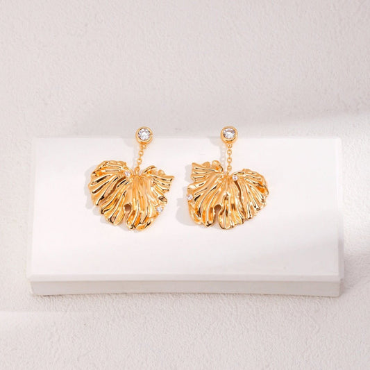 18K Gold on Silver Monstera Leaf Drop Earrings