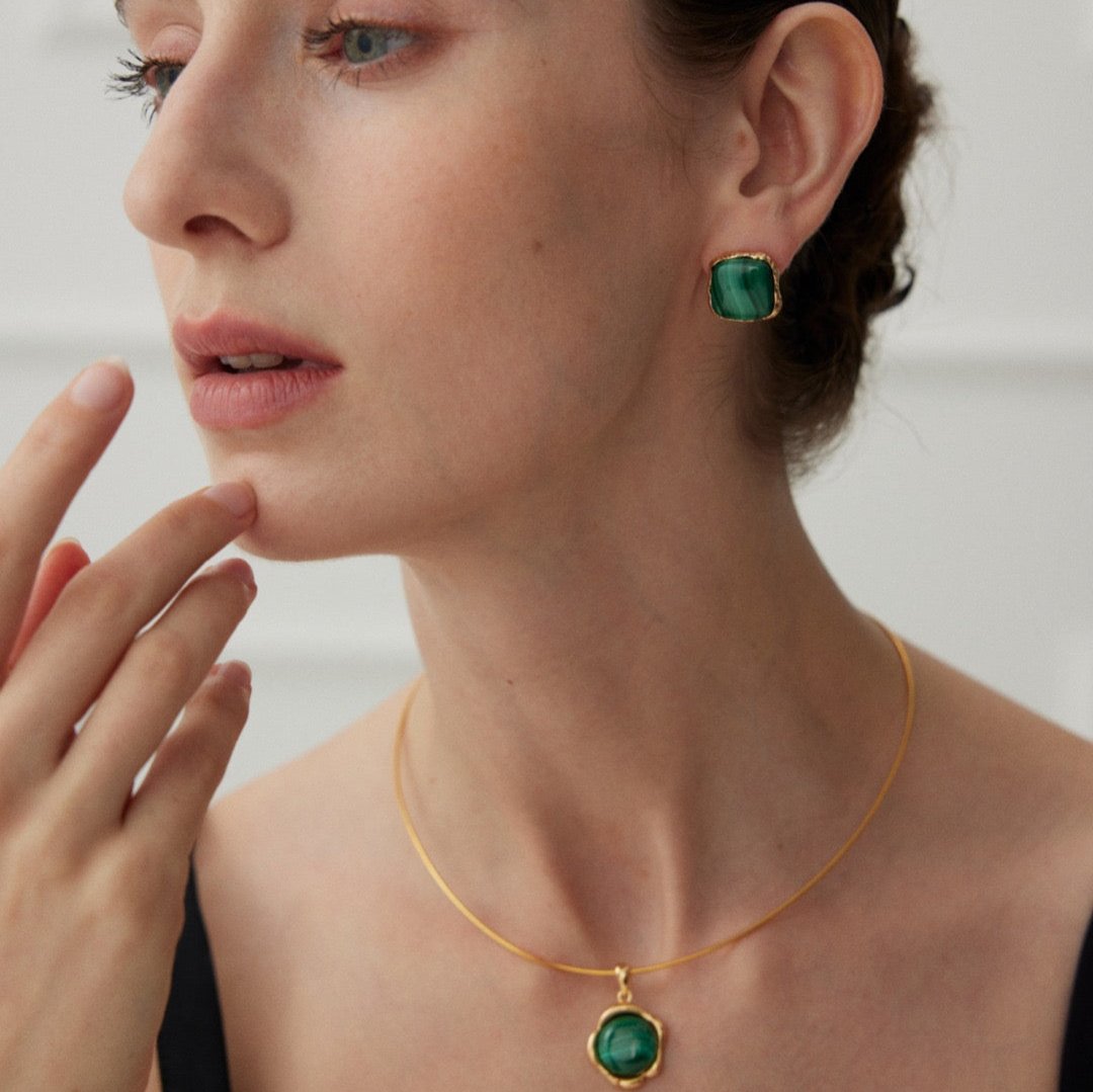 Natural Malachite 18K Gold Plated Stud Earrings - model shot with necklace