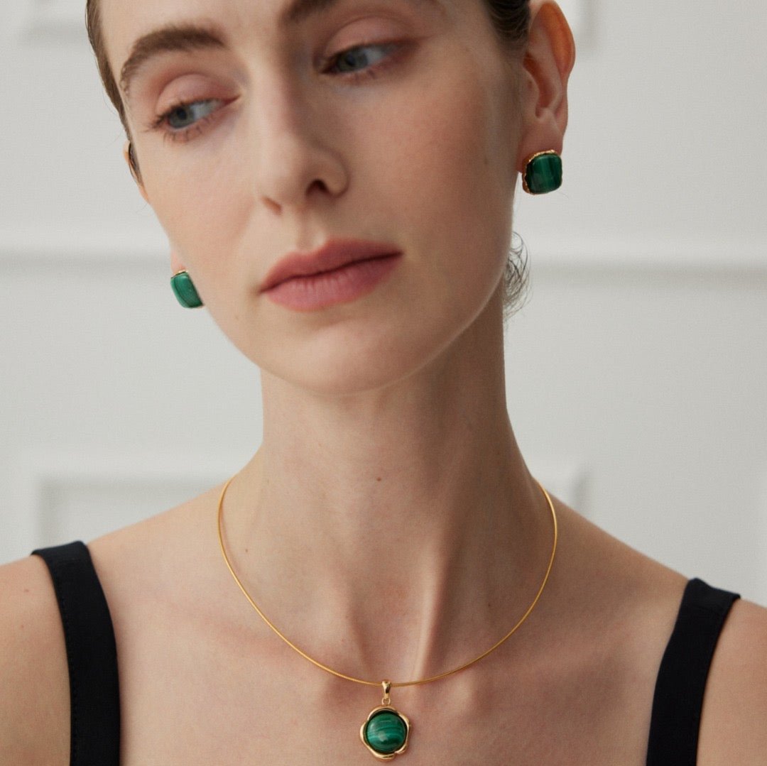 Natural Malachite 18K Gold Plated Stud Earrings- model shot with necklace