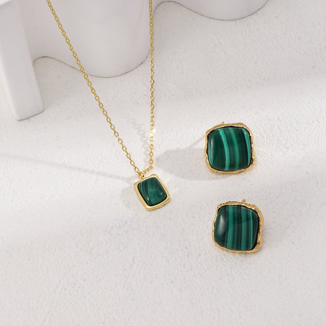 Natural Malachite 18K Gold Plated Stud Earrings - with necklace