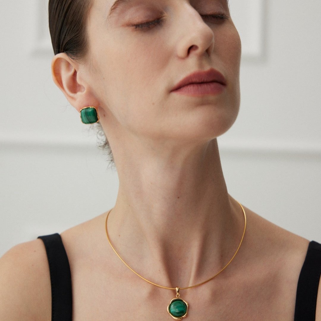 Natural Malachite 18K Gold Plated Stud Earrings - model shot with necklace