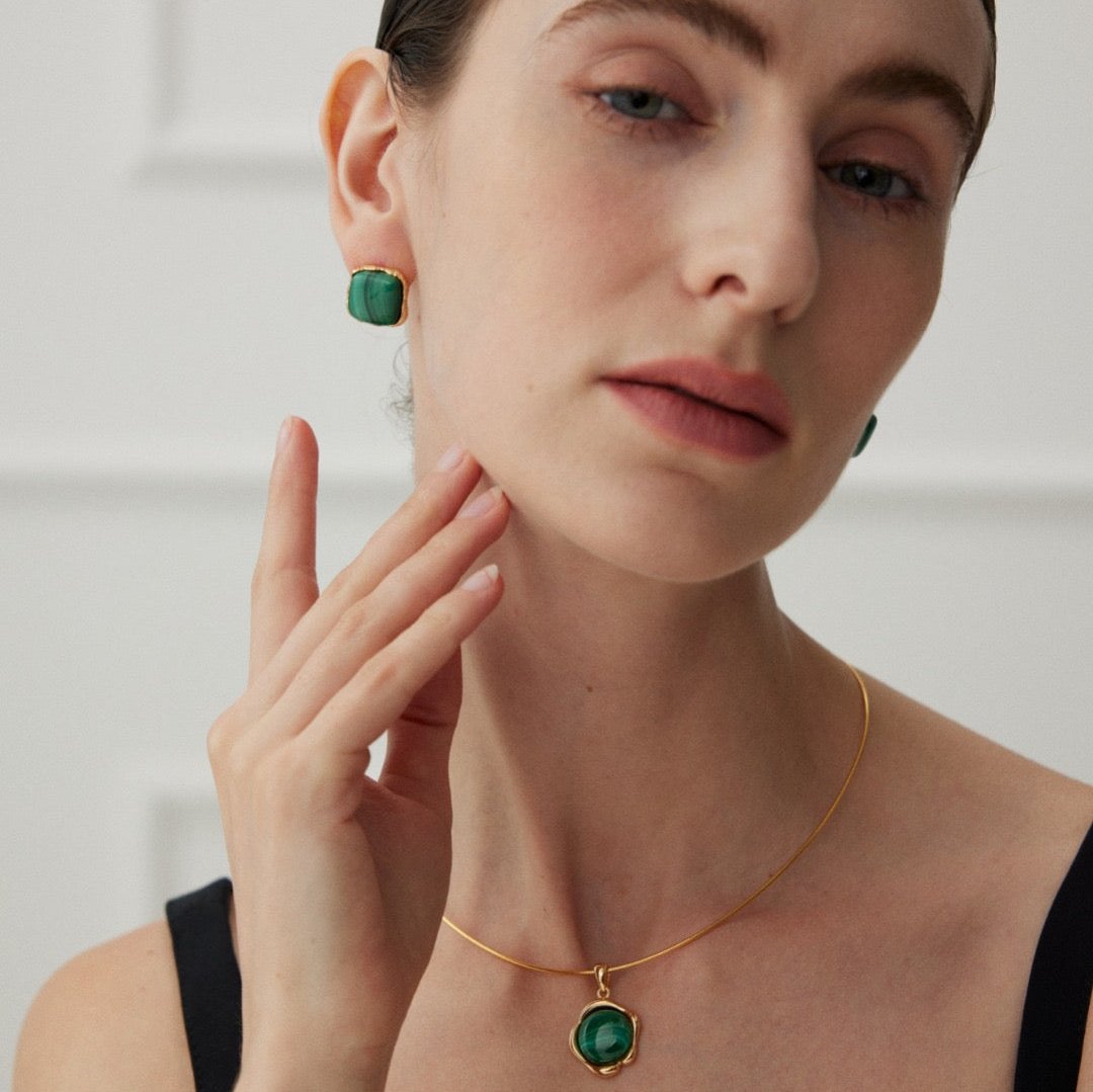 Natural Malachite 18K Gold Plated Stud Earrings - model shot with necklace