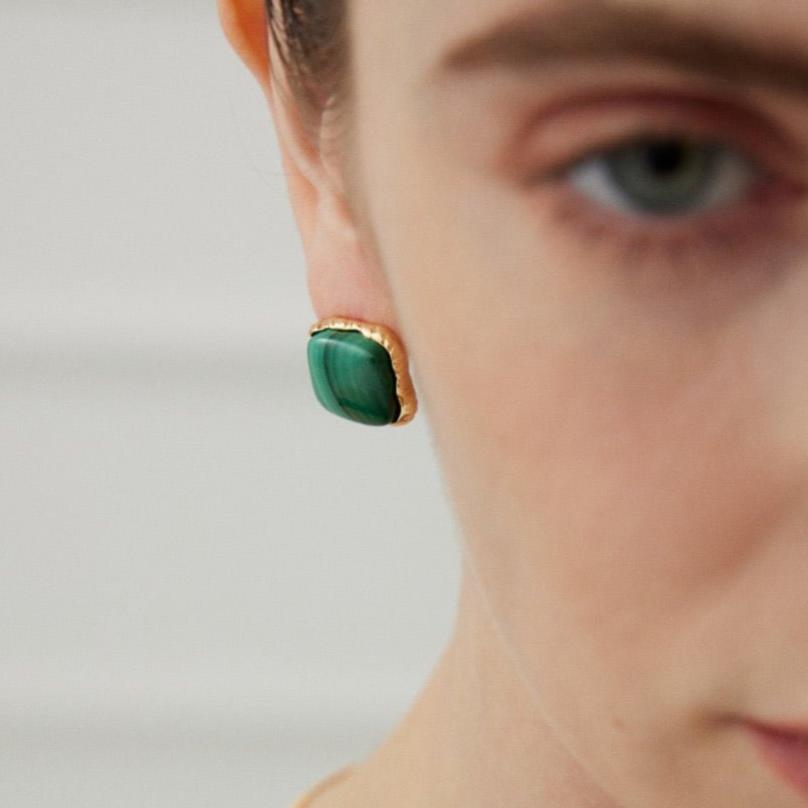 Natural Malachite 18K Gold Plated Stud Earrings - model shot close