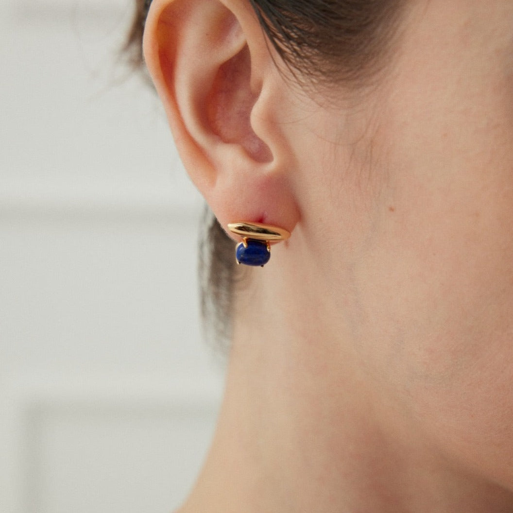 Minimalist Lapis Lazuli 18K Gold Plated Stud Earrings - model shot close