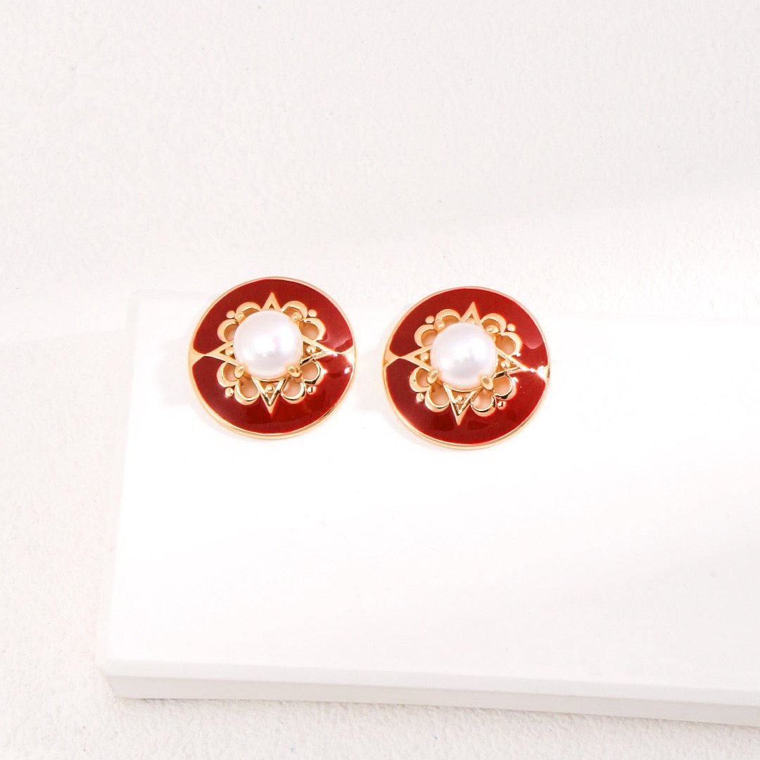 Royal Red Pearl Vermeil Glazed Stud Earrings