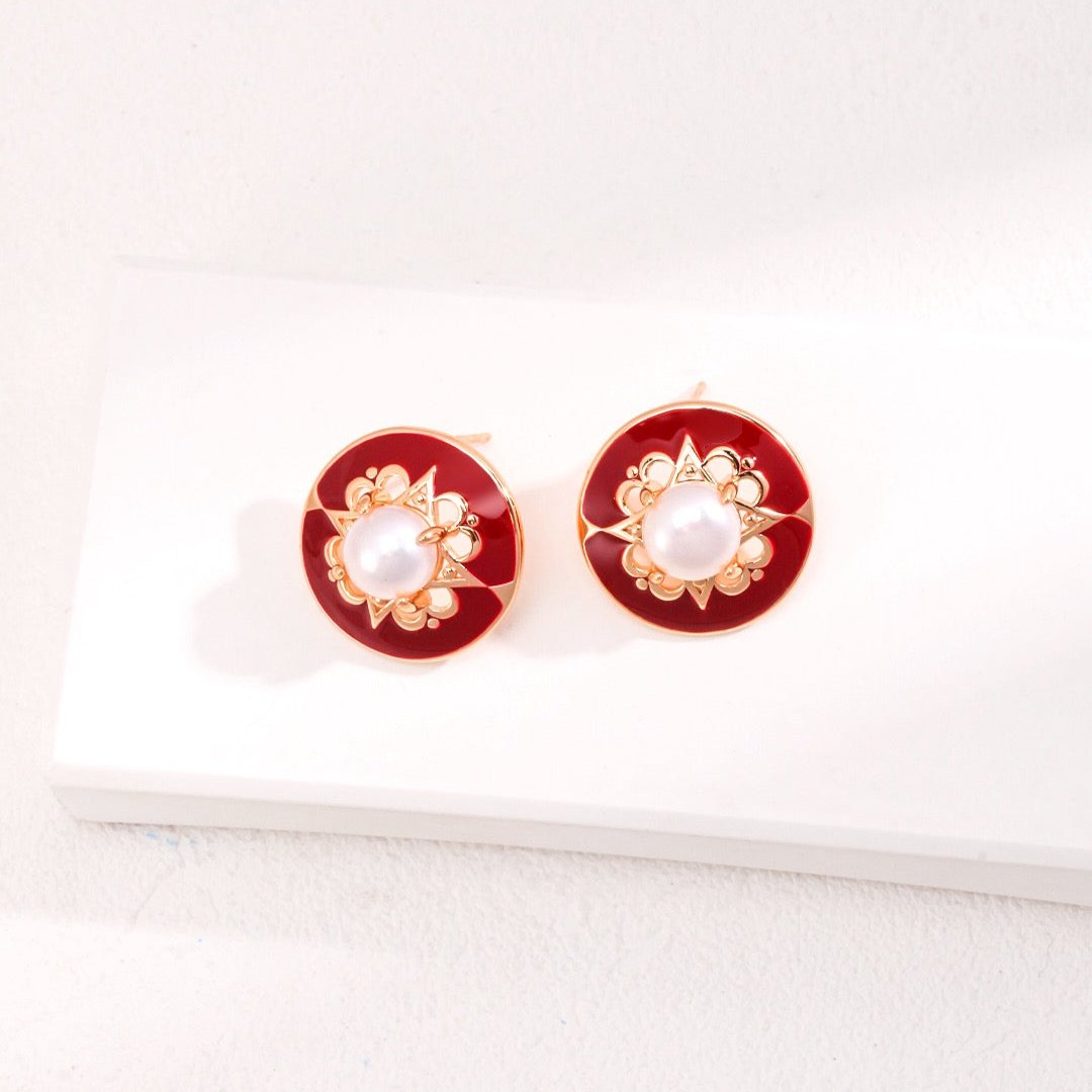 Royal Red Pearl Vermeil Glazed Stud Earrings - alternate white background