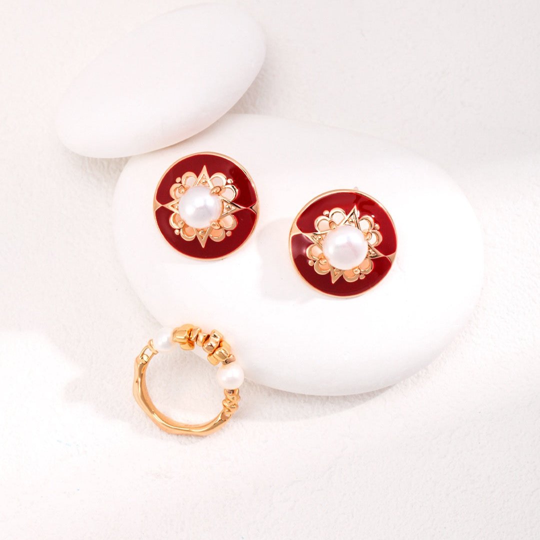 Royal Red Pearl Vermeil Glazed Stud Earrings - with matching ring